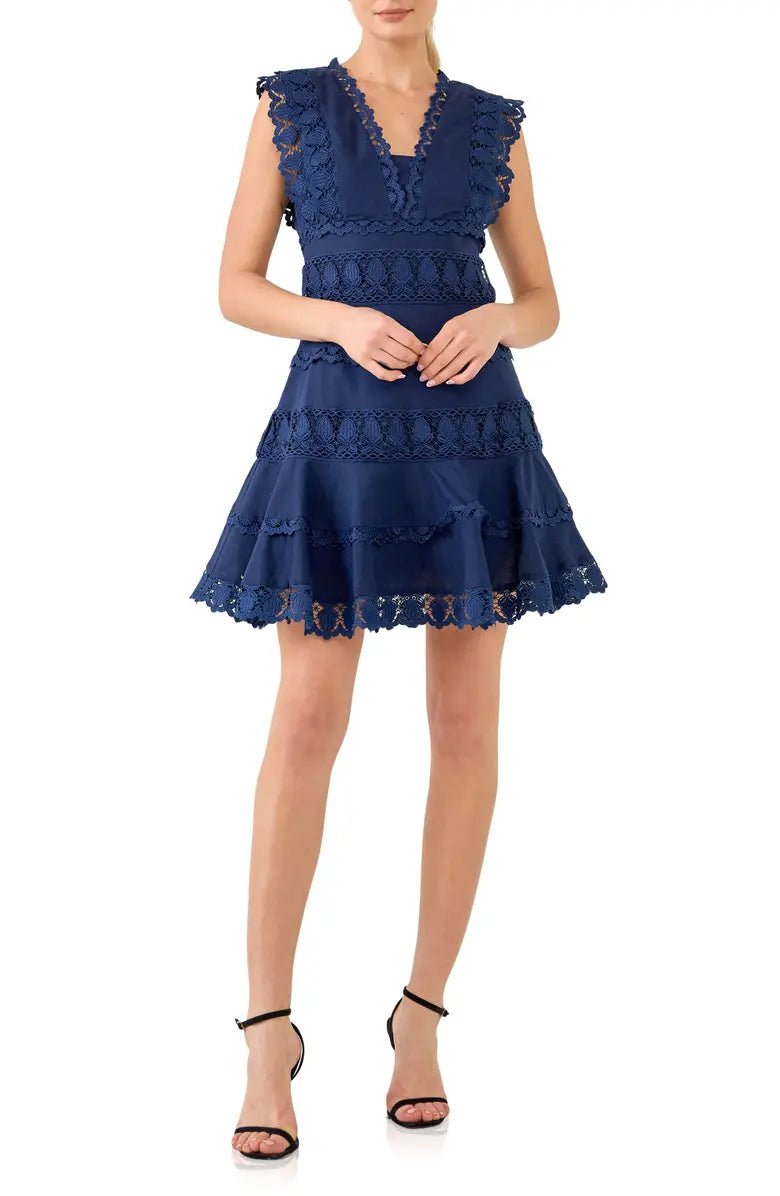 Navy Plunging Neck Lace Trim Dress - Endless Rose - COLOR GAME