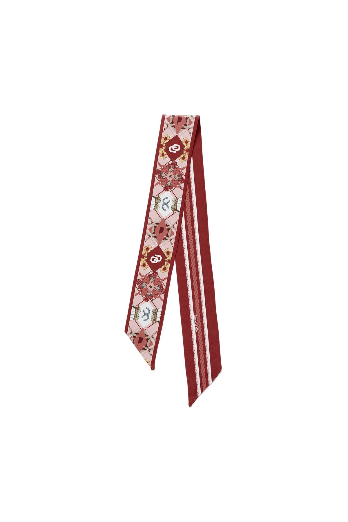 Oklahoma All-Star skinny silk scarf by Saturday Silks in crimson and cream diamond Sooner print