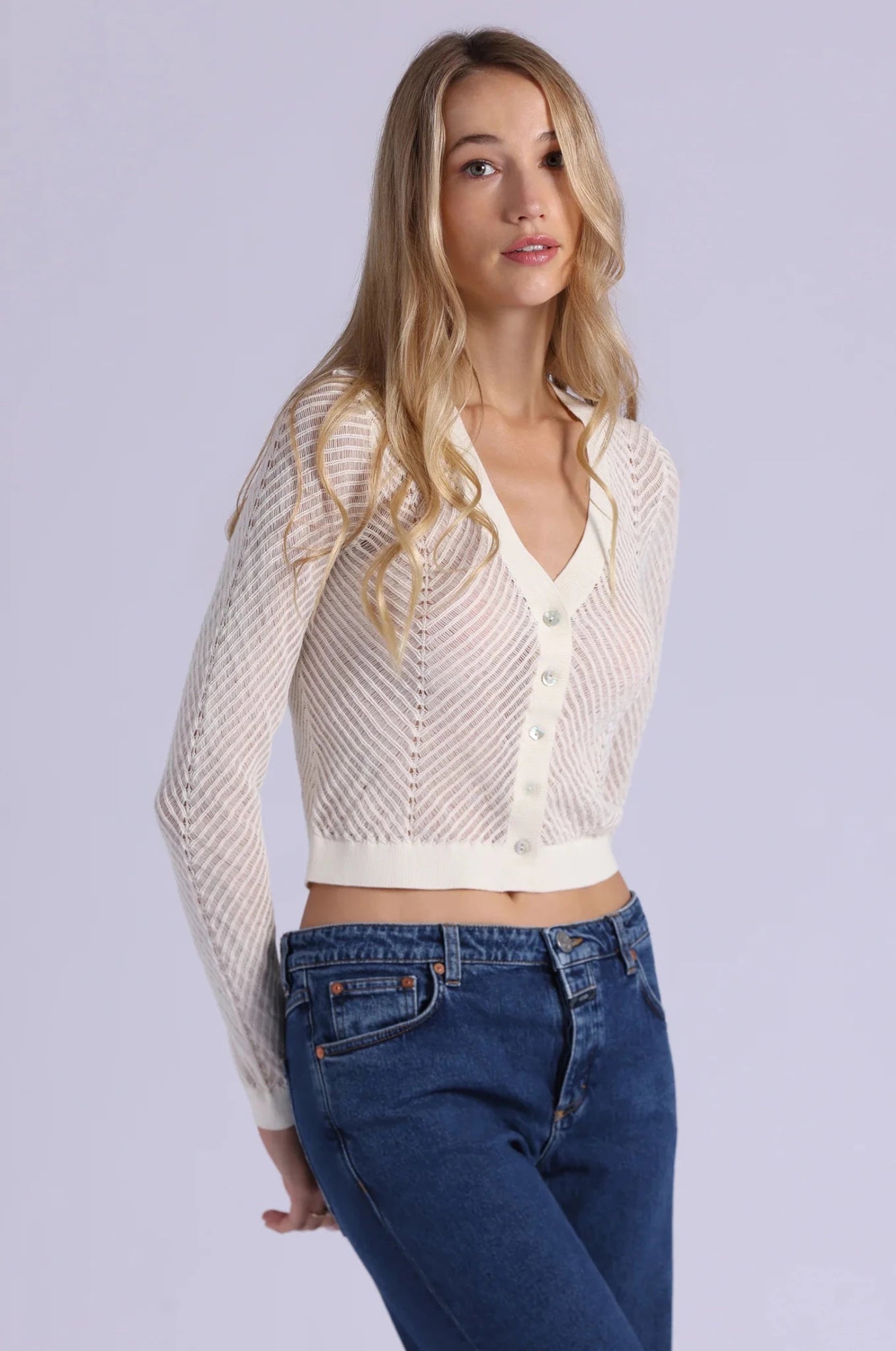 Open Pointelle Cropped Cardigan Starch - Minnie Rose - COLOR GAME
