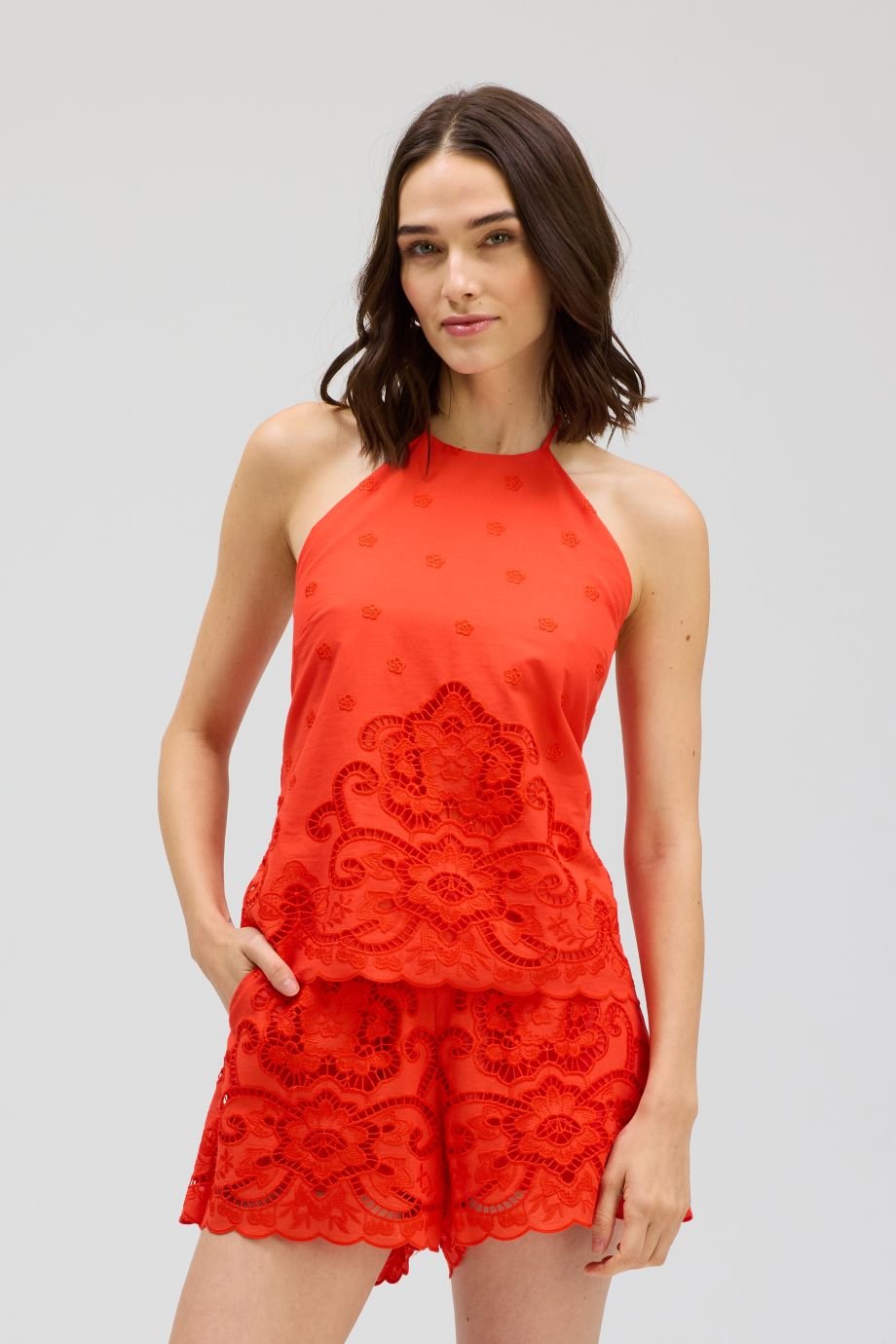 Pauline Embroidered Halter Top - Tomato - Allison New York - COLOR GAME
