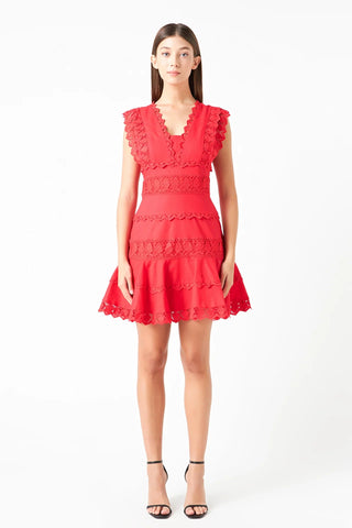 Red Plunging Neck Lace Trim Dress - Endless Rose - COLOR GAME