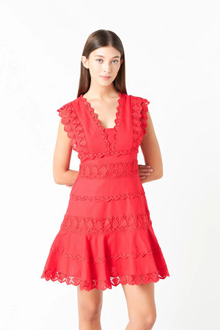 Red Plunging Neck Lace Trim Dress - Endless Rose - COLOR GAME