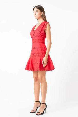 Red Plunging Neck Lace Trim Dress - Endless Rose - COLOR GAME