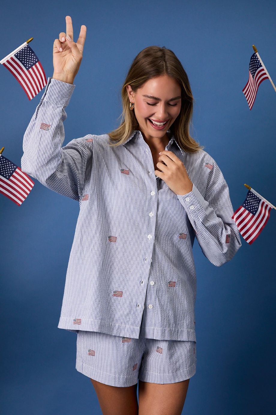 Ricky Flag Embroidered Seersucker Button Down Shirt - Sunday Edition by LE LIS - COLOR GAME