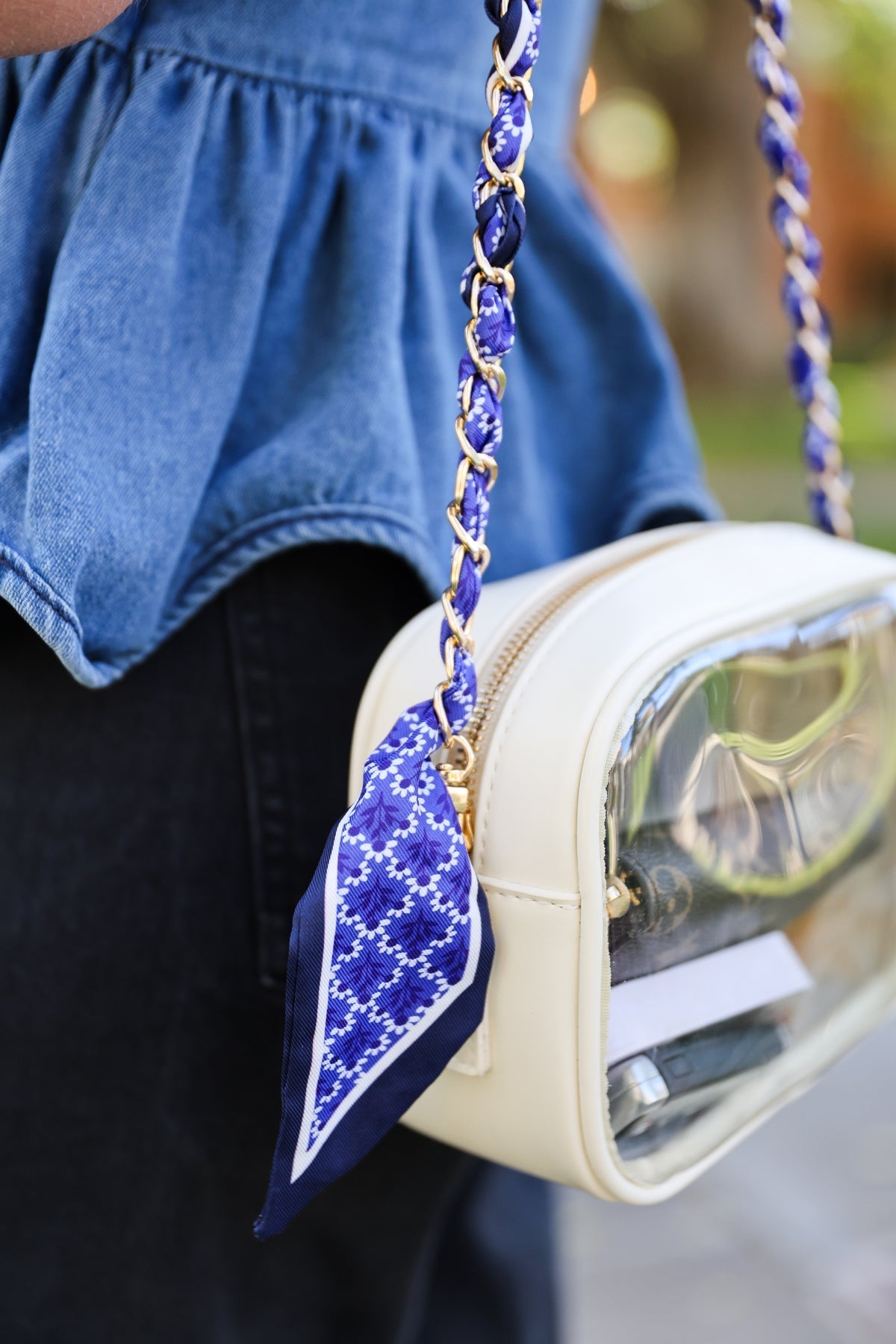 Blue scarf chain bag and phone strap by Victory Lap
