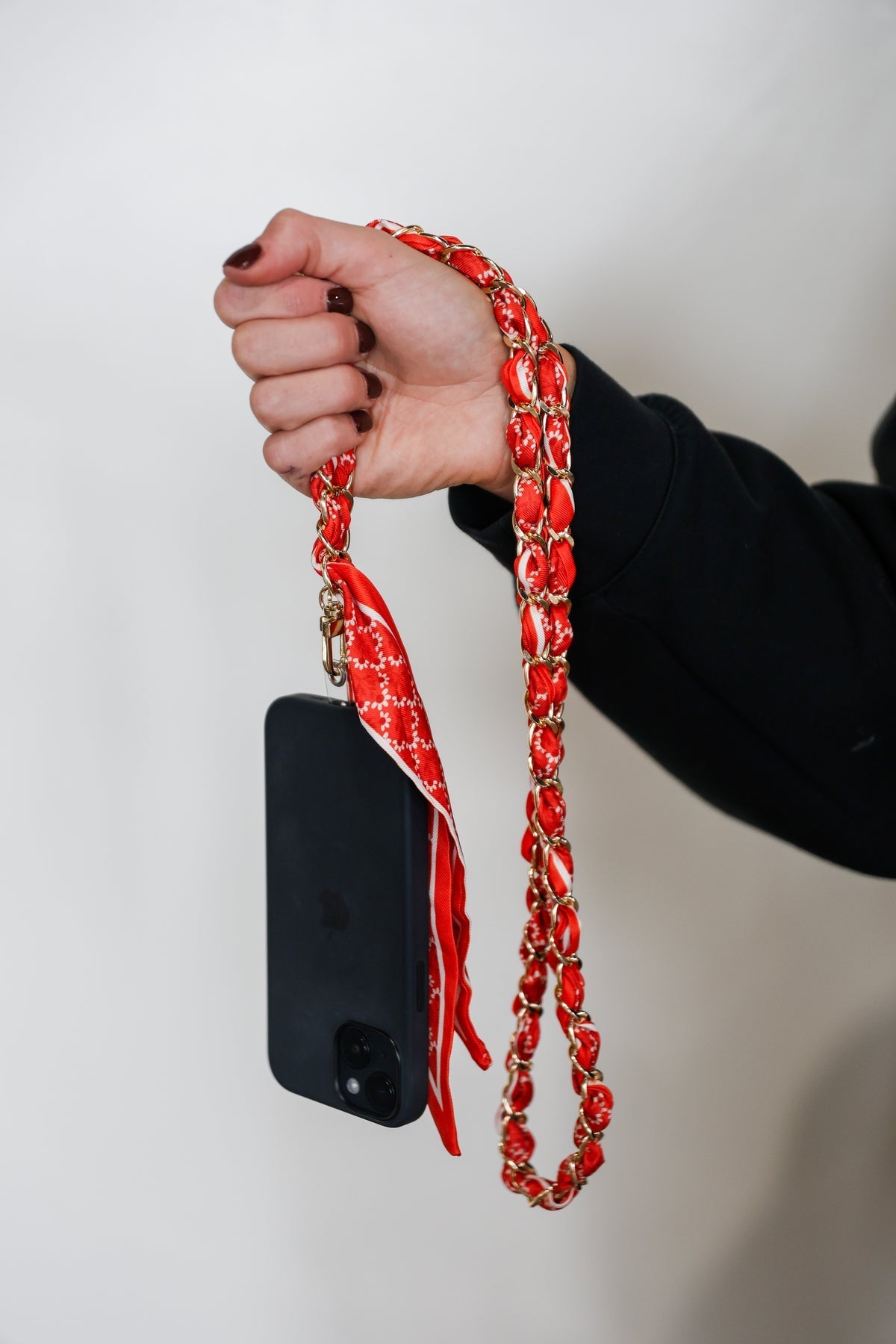 Burnt orange scarf chain bag and phone strap, styled