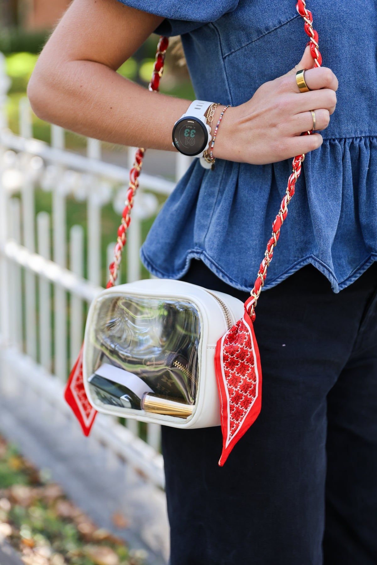Red scarf chain bag and phone strap by Victory Lap