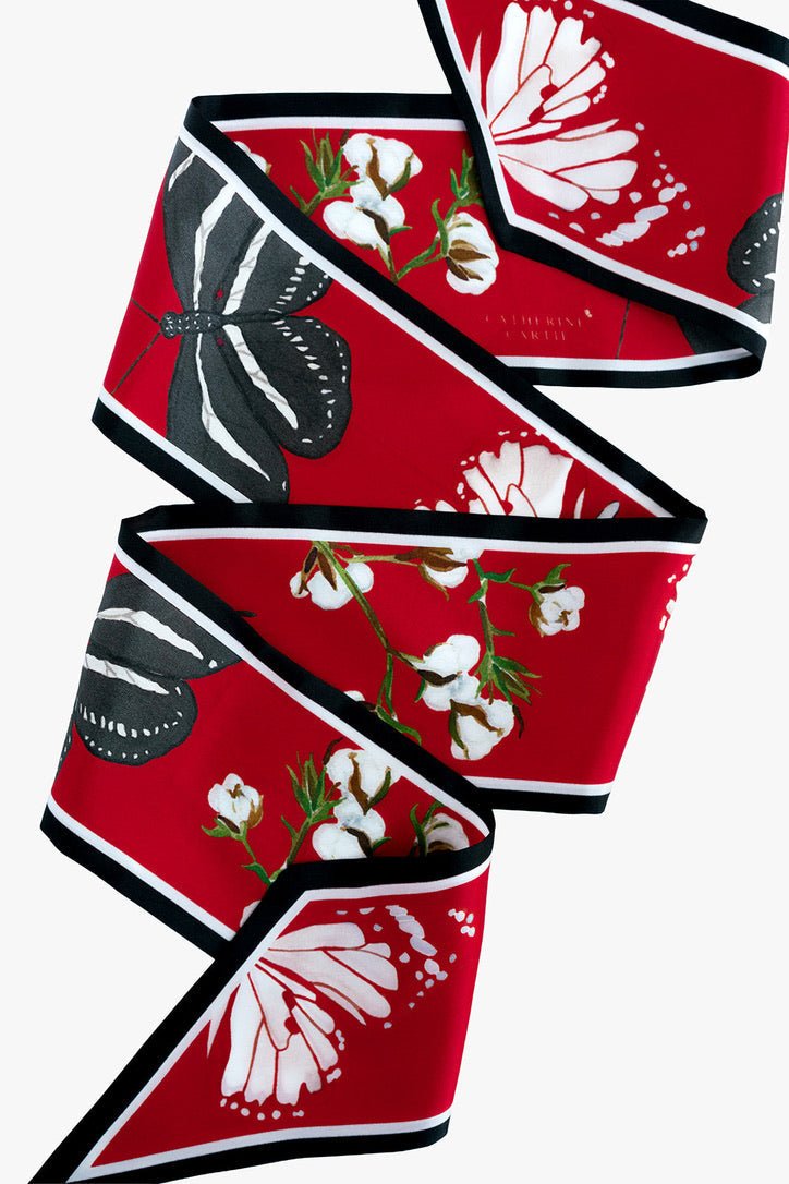 Scarlet and black butterfly silk ribbon scarf by Catherine Cartie, view 2