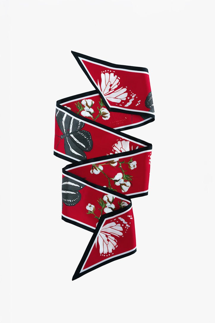 Scarlet and black butterfly silk ribbon scarf by Catherine Cartie