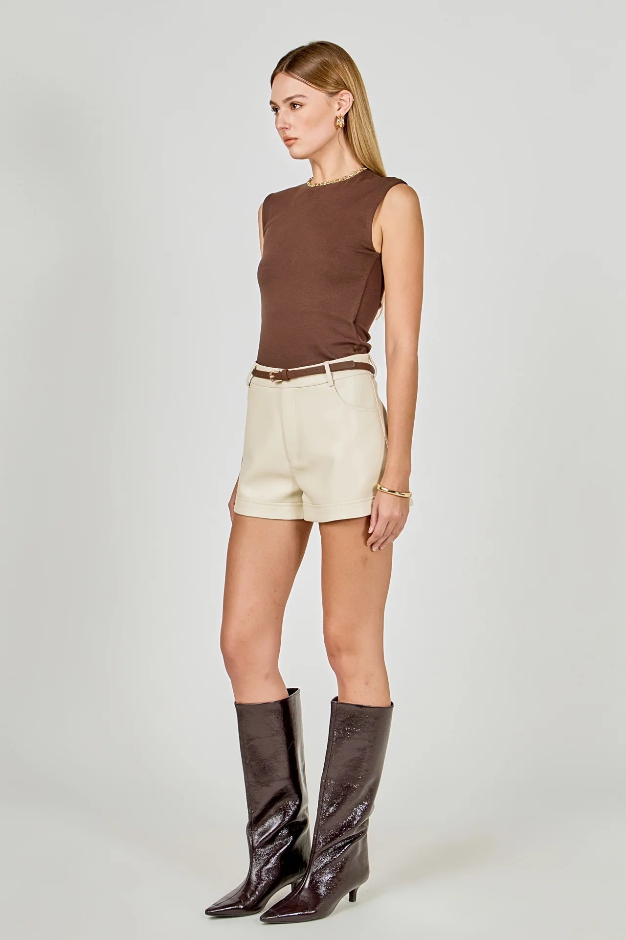 Seneca Faux Leather Mid Rise Shorts Cream - Endless Rose - COLOR GAME