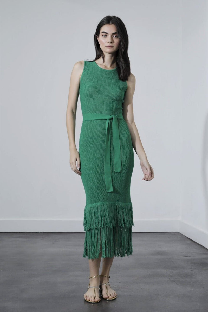 Shania Kelly Green Knit Fringe Midi Dress Shania Kelly Green Knit Fringe Midi Dress