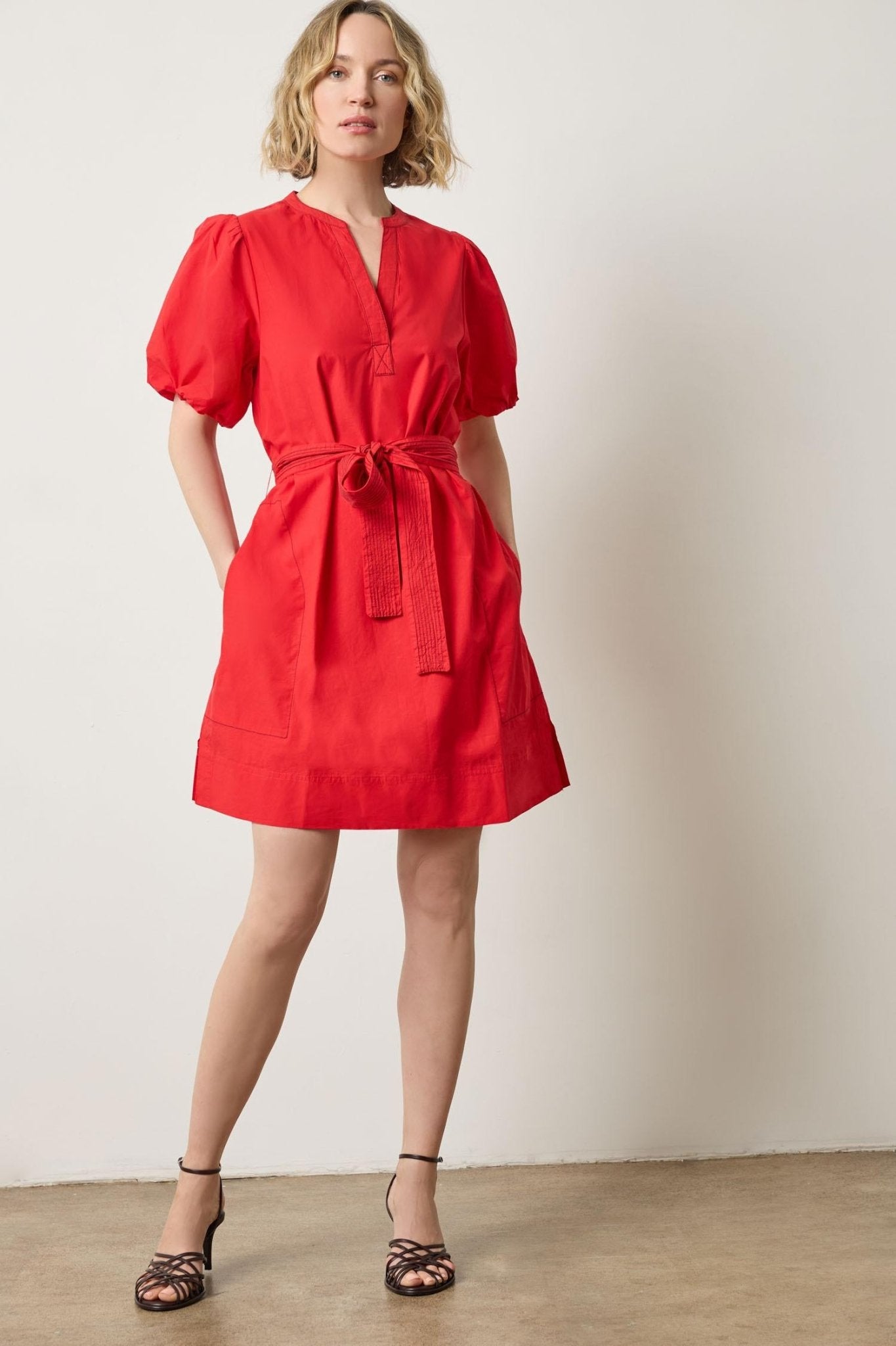 Shirred Sleeve Split Neck Dress - Lilla P - COLOR GAME