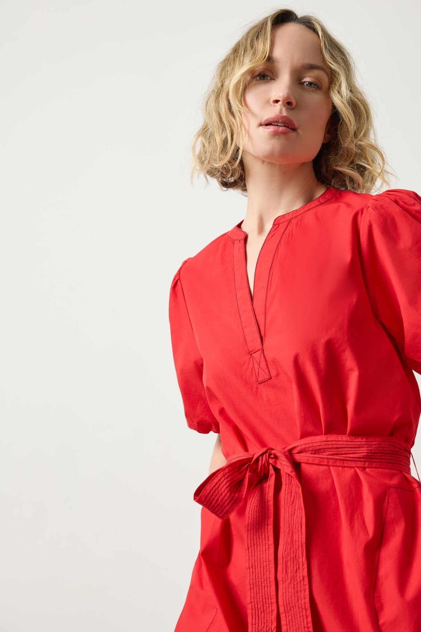 Shirred Sleeve Split Neck Dress - Lilla P - COLOR GAME