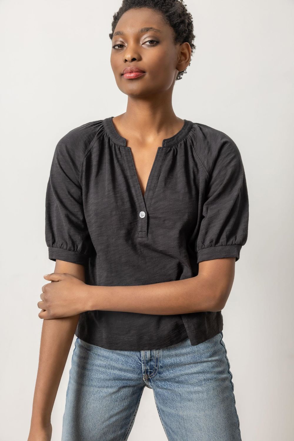 Shirred Split Neck Raglan Black - Lilla P - COLOR GAME