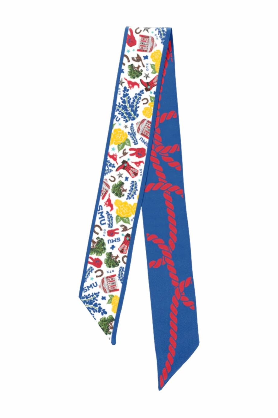 Colorful scarf with various patterns and text on a white background