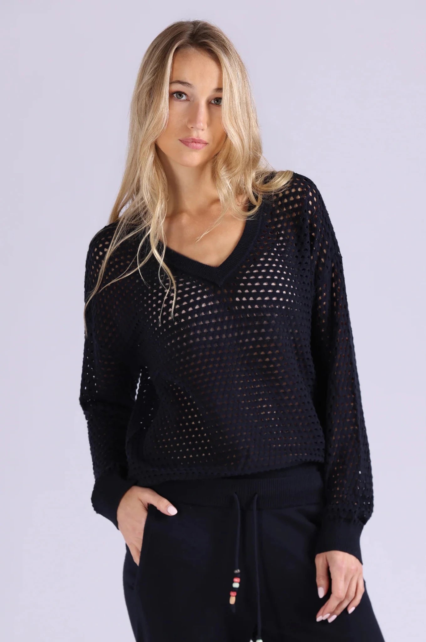 Solid Mesh Long Sleeve V Neck Navy - Minnie Rose - COLOR GAME