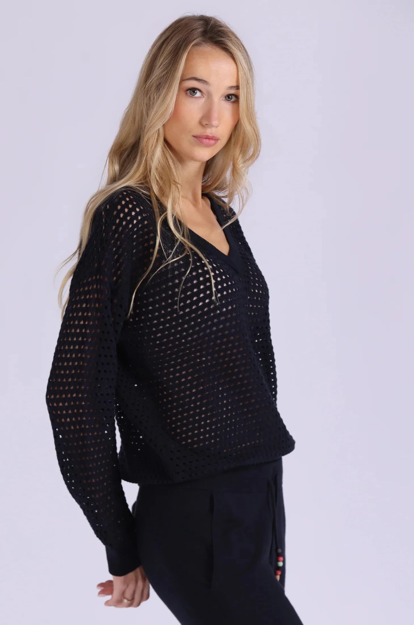 Solid Mesh Long Sleeve V Neck Navy - Minnie Rose - COLOR GAME