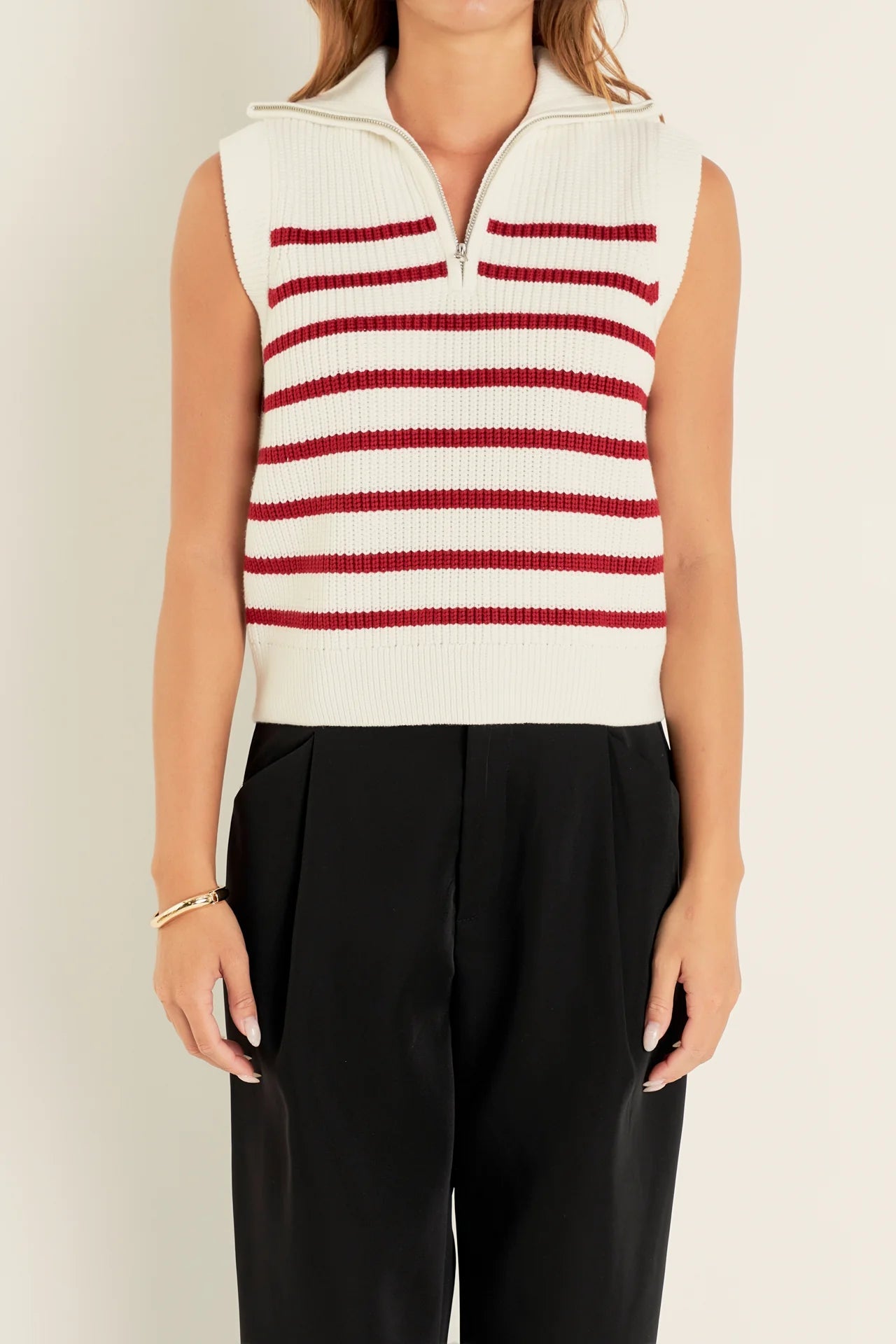 Stripe Half - Zip Sleeveless Sweater White + Red - English Factory - COLOR GAME