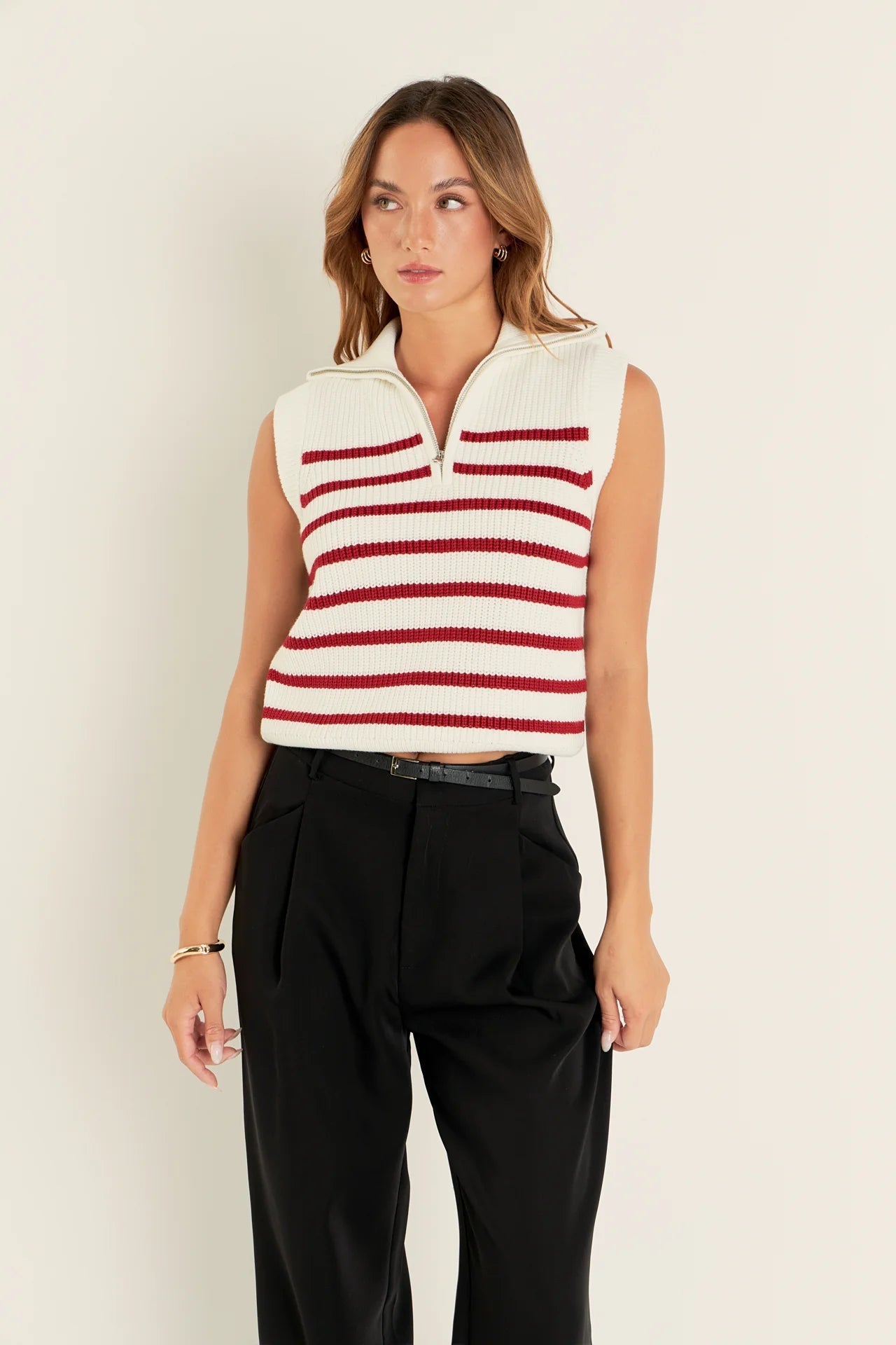 Stripe Half - Zip Sleeveless Sweater White + Red - English Factory - COLOR GAME