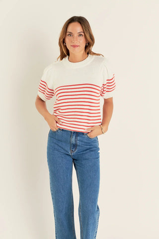 Stripe Short Puff Sleeve Button Sweater Red - English Factory - COLOR GAME