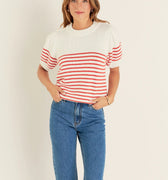 Stripe Short Puff Sleeve Button Sweater Red - English Factory - COLOR GAME