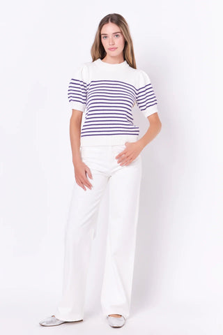 Stripe Short Puff Sleeve Sweater Purple - English Factory - COLOR GAME