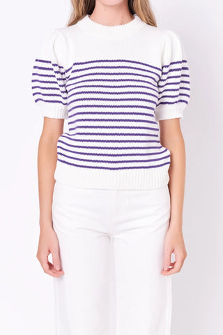 Stripe Short Puff Sleeve Sweater Purple - English Factory - COLOR GAME