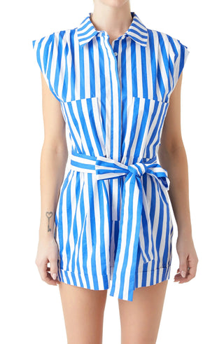 Striped Pintuck Tie Belt Romper- Blue - Grey Lab - Color Game