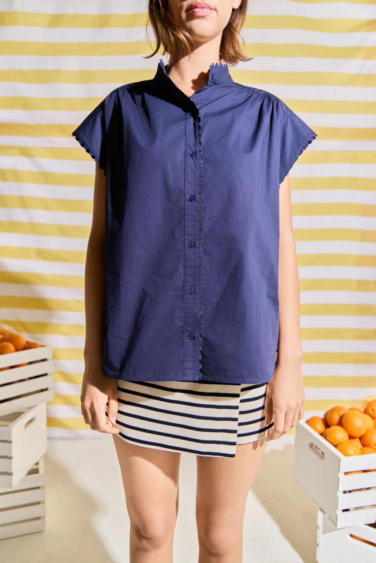 Tally Scallop Trim Short Sleeve Shirt Navy - English Factory - COLOR GAME