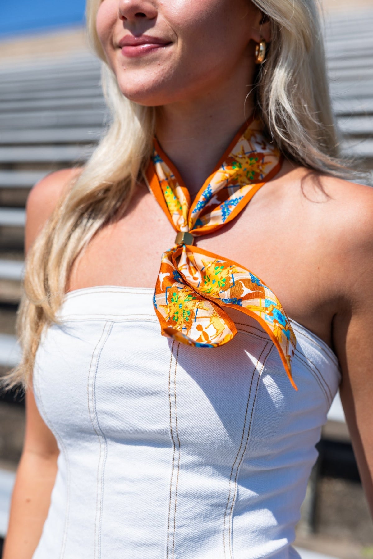 Texas All-Star Skinny Scarf by Saturday Silks – styled on model