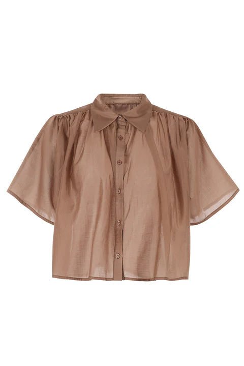 Brown blouse with sheer sleeves on a white background