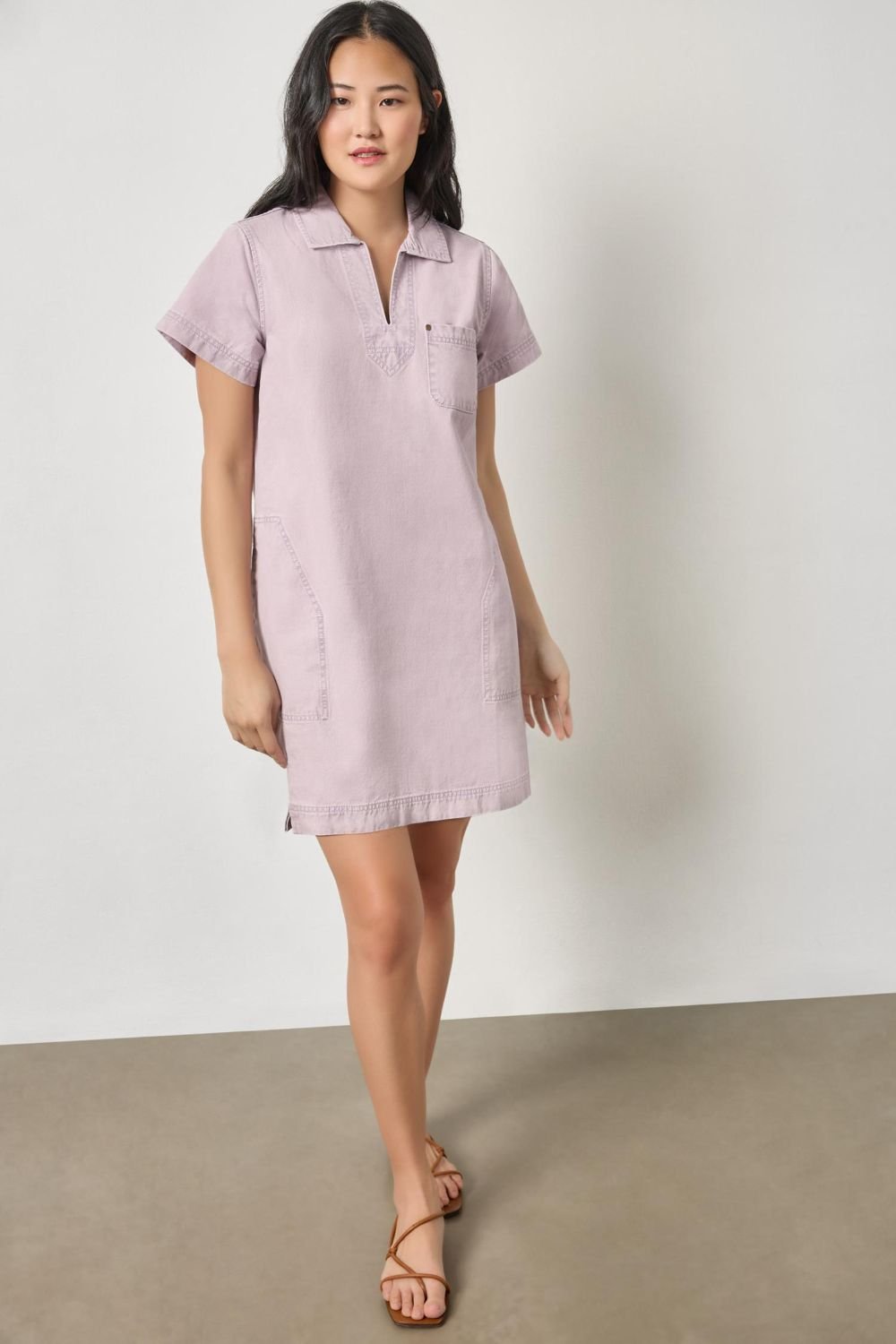 Twill Split Neck Collared Dress - Lilla P - COLOR GAME