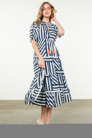 Victoria Navy Stripe Tiered Midi Dress - THML - COLOR GAME