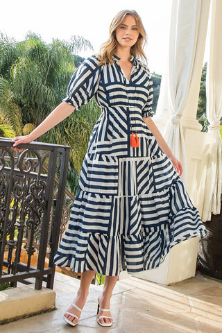 Victoria Navy Stripe Tiered Midi Dress - THML - COLOR GAME