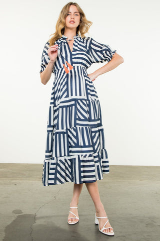 Victoria Navy Stripe Tiered Midi Dress - THML - COLOR GAME