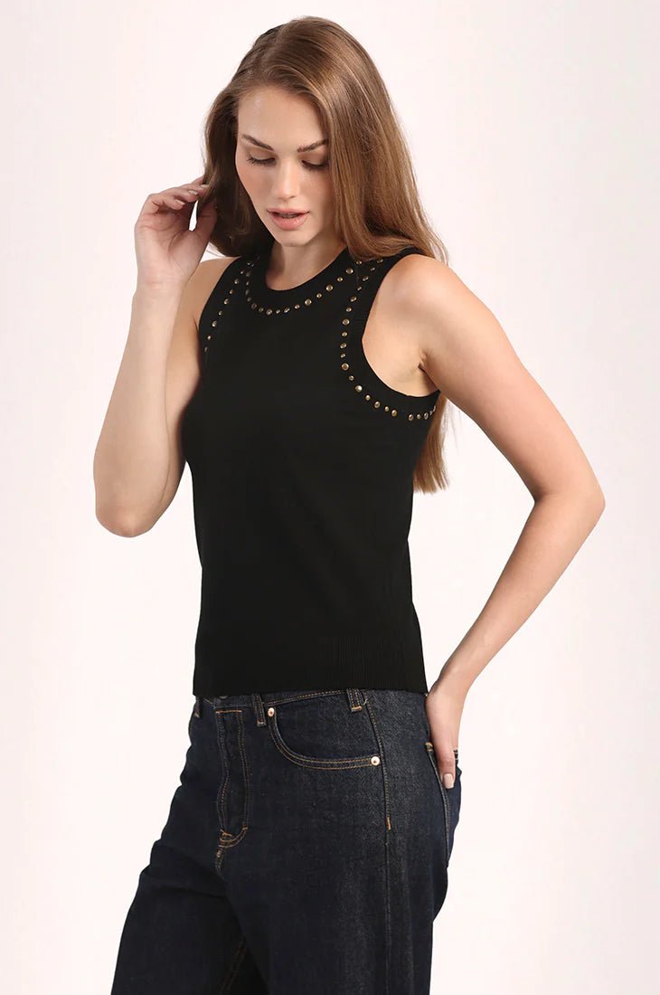 Viscose Western Embellished Tank Black - Minnie Rose - COLOR GAME