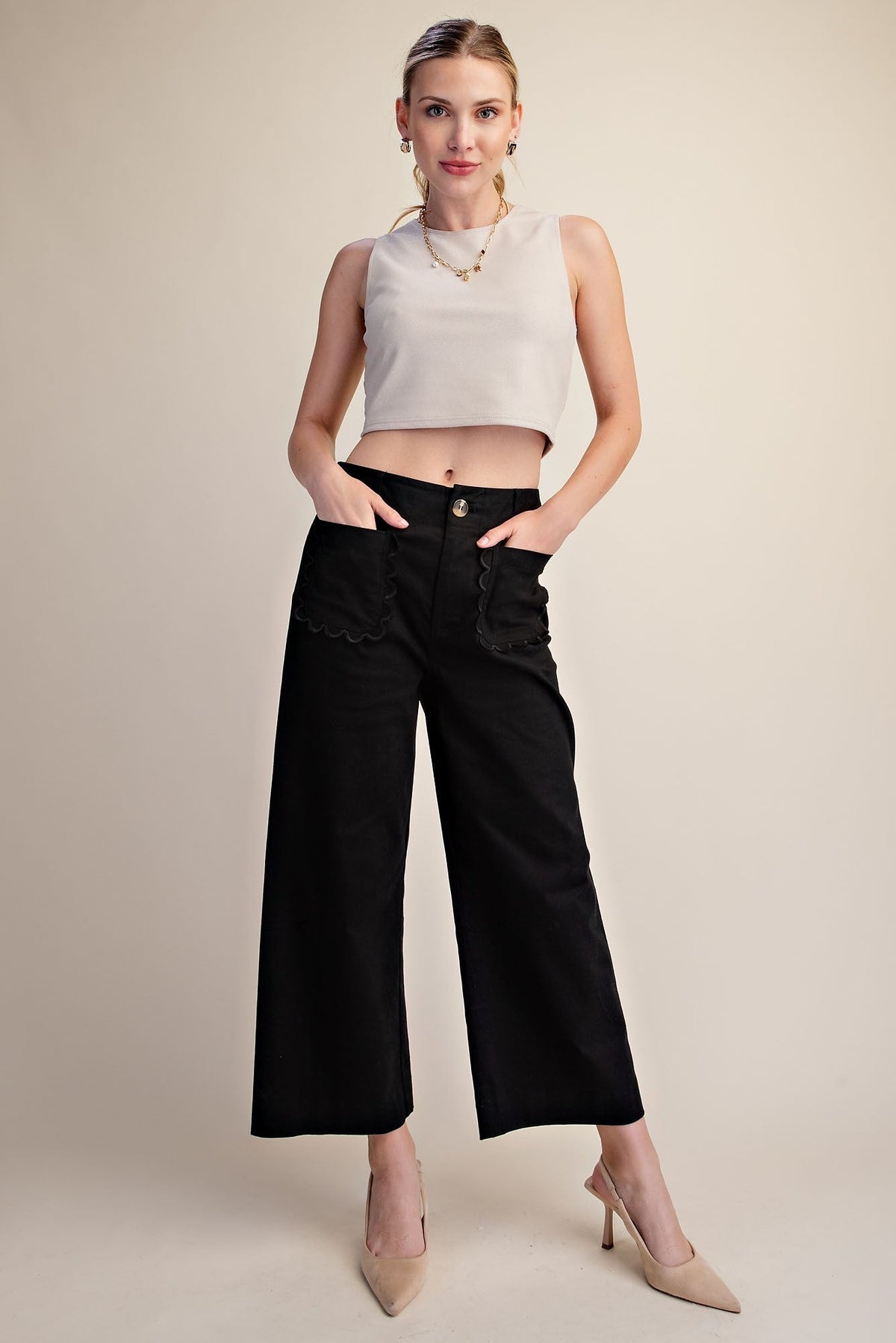 Whitney Scallop Pocket Wide Leg Pants Black - Color Game - COLOR GAME