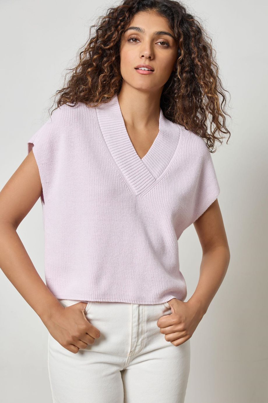 Wide Trim V - Neck Sweater Freesia - Lilla P - COLOR GAME