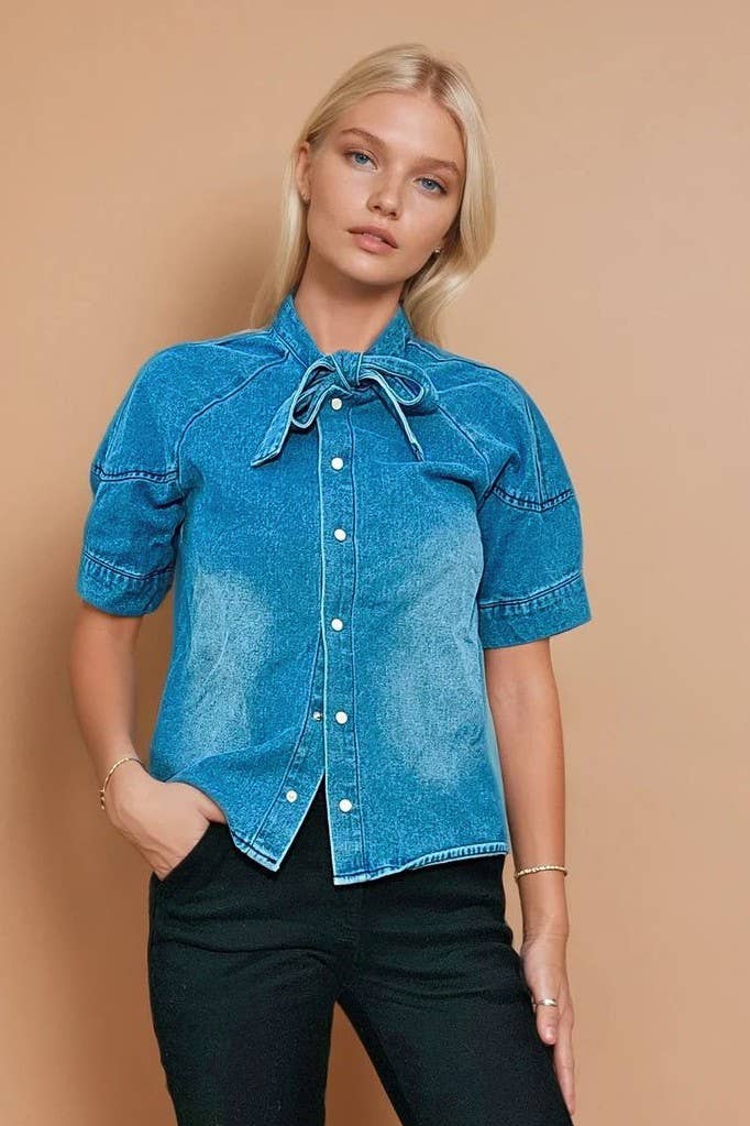 Wilson Tie-Neck Denim Blouse - Wisteria Lane - COLOR GAME