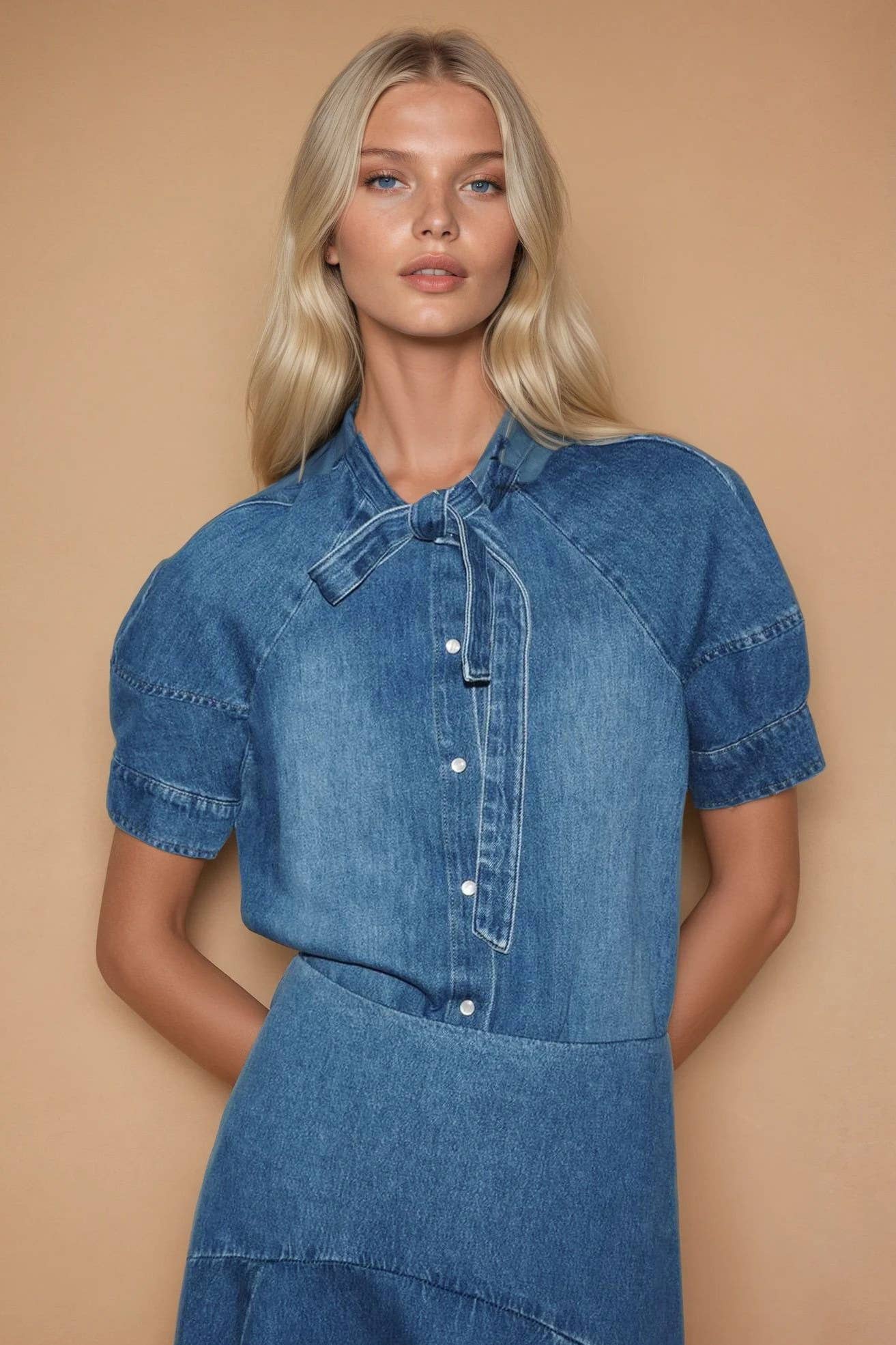 Wilson Tie-Neck Denim Blouse - Wisteria Lane - COLOR GAME