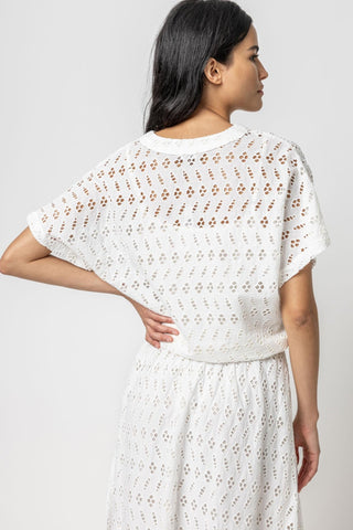 Eyelet Drawstring Dolman V-Neck Top - Lilla P - Color Game