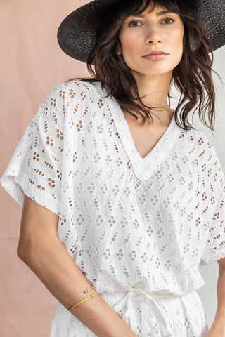 Eyelet Drawstring Dolman V-Neck Top - Lilla P - Color Game