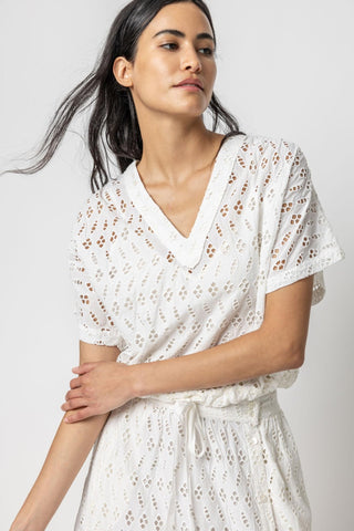 Eyelet Drawstring Dolman V-Neck Top - Lilla P - Color Game