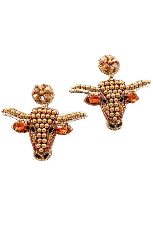 Gold Hand-Beaded Steer Earrings - Allie Beads - Color Game
