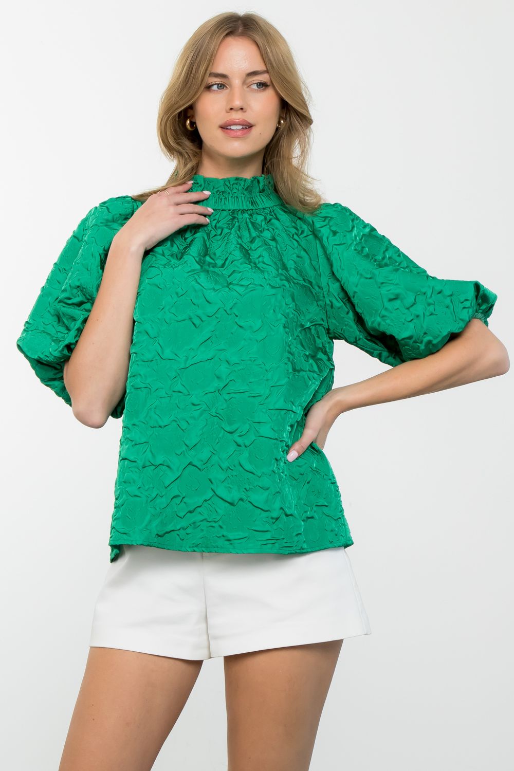 Green Floral Textured Mock Neck Top - THML - Color Game