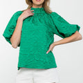 Green Floral Textured Mock Neck Top - THML - Color Game