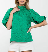 Green Floral Textured Mock Neck Top - THML - Color Game