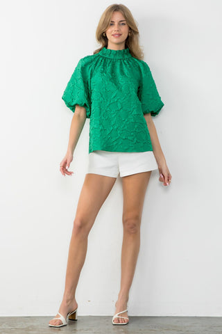 Green Floral Textured Mock Neck Top - THML - Color Game