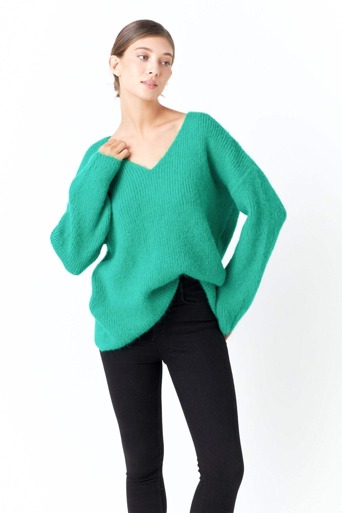 Green Furry V Neck Sweater - Endless Rose - Color Game