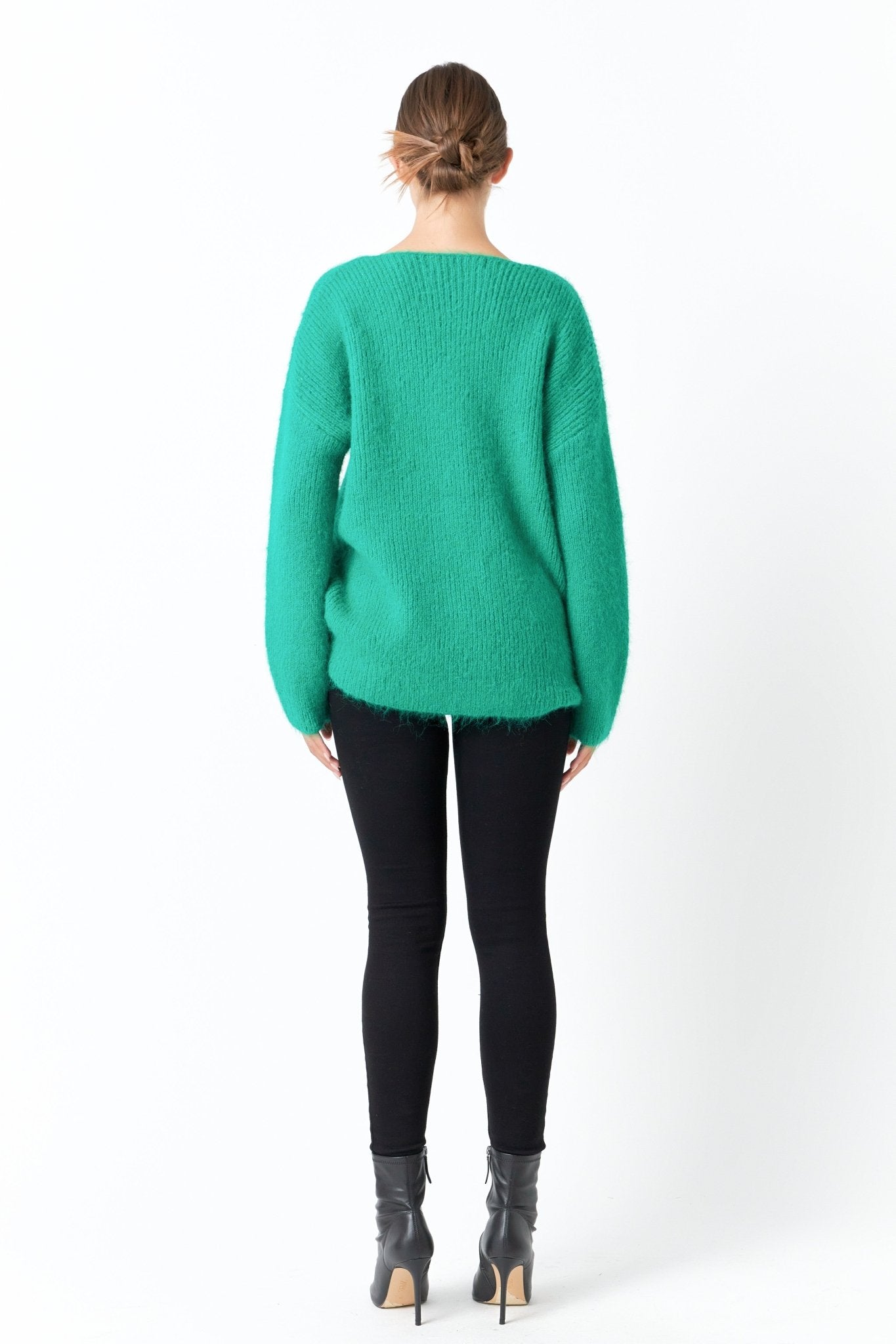 Green Furry V Neck Sweater - Endless Rose - Color Game